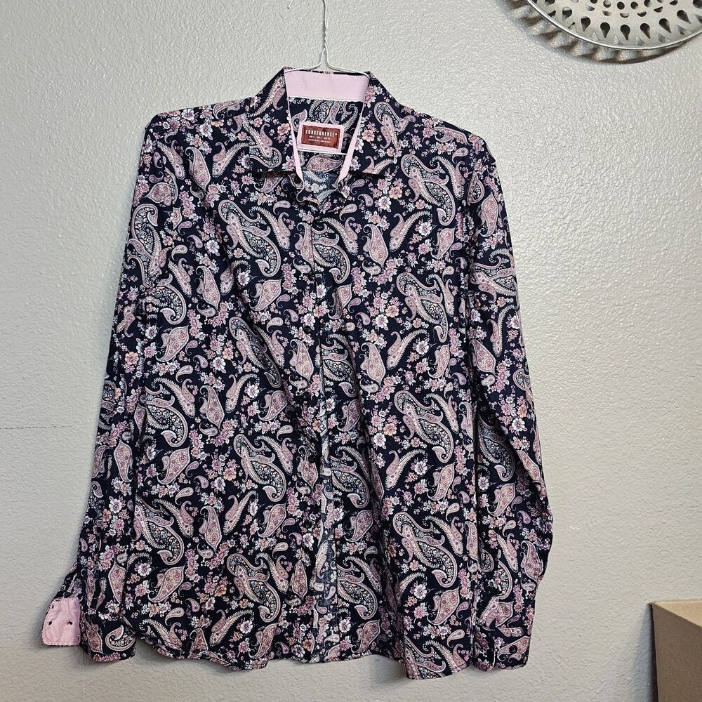 Consequence Paisley  Button Up Dress Shirt Men's Large Navy Pink Preppy FF782